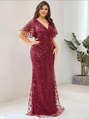 Ever Pretty Wine Red Sequin Embroidered Maxi Dress
